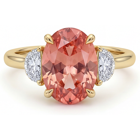 Pfirsich-Saphir-Verlobungsring 2,9 Karat, echter ovaler Padparadscha und weiße Halbmonde, Dreistein, 14 Karat Gelbgold
