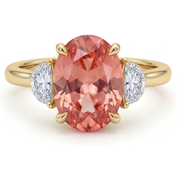 Pfirsich-Saphir-Verlobungsring 2,9 Karat Echter ovaler Padparadscha und weiße Halbmonde Drei-Stein 14 Karat Gelbgold
