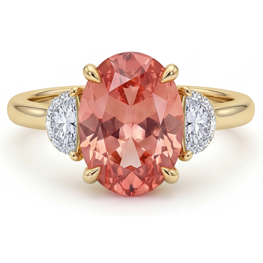 Pfirsich-Saphir-Verlobungsring 2,9 Karat Echter ovaler Padparadscha und weiße Halbmonde Drei-Stein 14 Karat Gelbgold