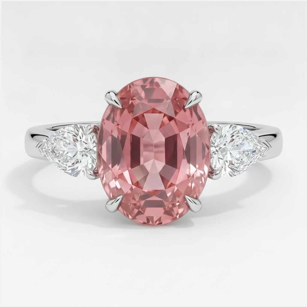 Pfirsich-Saphir-Verlobungsring, 4,1 Karat, echter ovaler Padparadscha, Dreistein, Platin