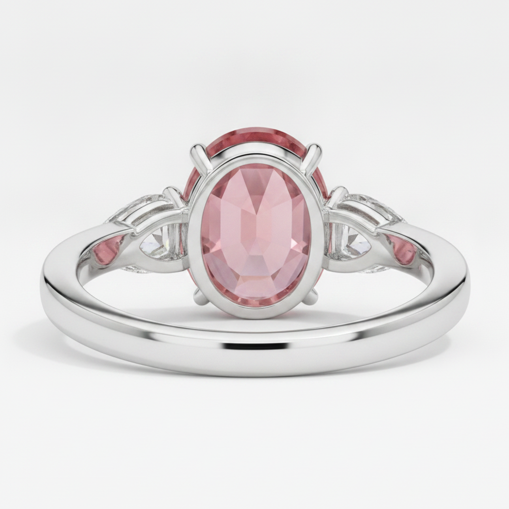 Pfirsich-Saphir-Verlobungsring, 4,1 Karat, echter ovaler Padparadscha, Dreistein, Platin
