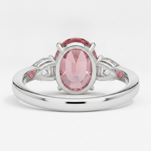 Pfirsich-Saphir-Verlobungsring, 4,1 Karat, echter ovaler Padparadscha, Dreistein, Platin
