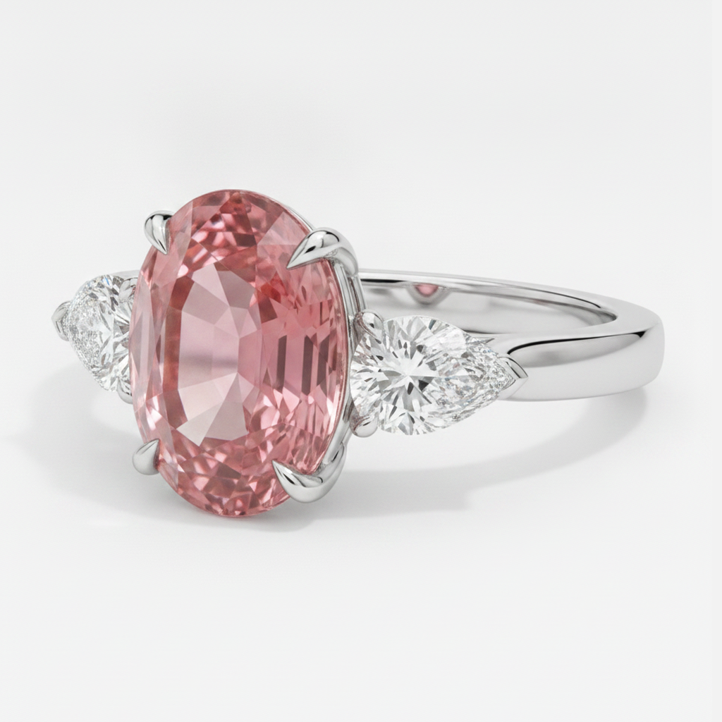 Pfirsich-Saphir-Verlobungsring, 4,1 Karat, echter ovaler Padparadscha, Dreistein, Platin