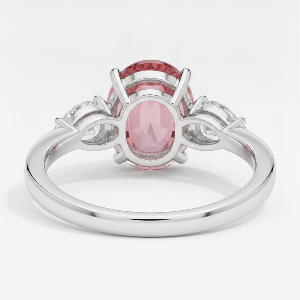 Pfirsich-Saphir-Verlobungsring, 4,1 Karat, echter ovaler Padparadscha, Dreistein, Platin