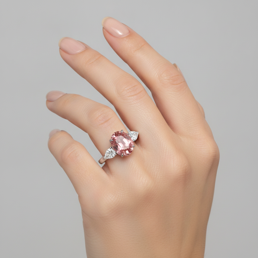 Pfirsich-Saphir-Verlobungsring, 4,1 Karat, echter ovaler Padparadscha, Dreistein, Platin