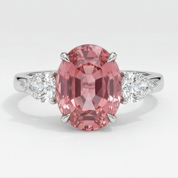 Pfirsich-Saphir-Verlobungsring, 4,1 Karat, echter ovaler Padparadscha, Dreistein, Platin