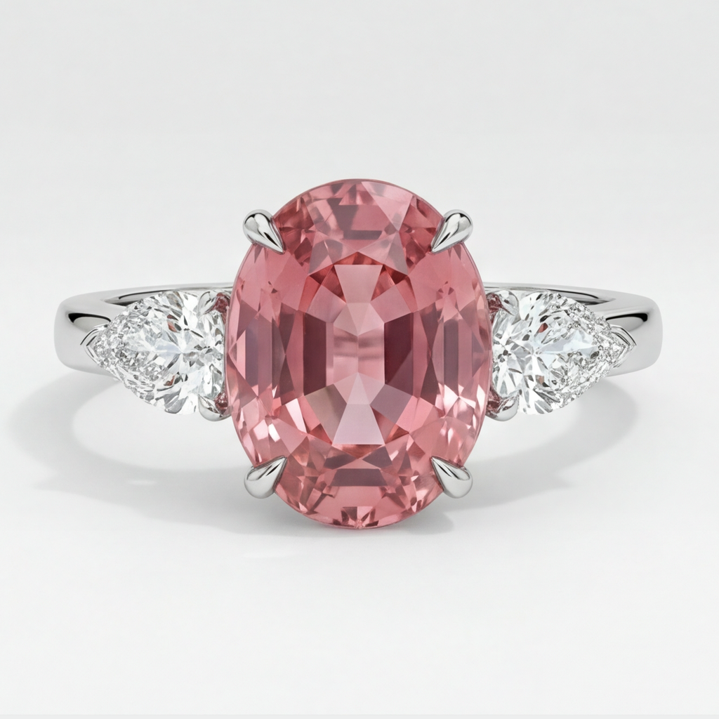 Pfirsich-Saphir-Verlobungsring, 4,1 Karat, echter ovaler Padparadscha, Dreistein, Platin