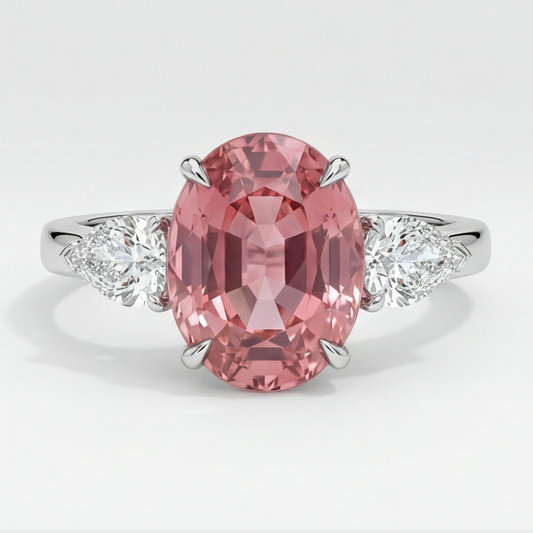 Pfirsich-Saphir-Verlobungsring, 4,1 Karat, echter ovaler Padparadscha, Dreistein, Platin