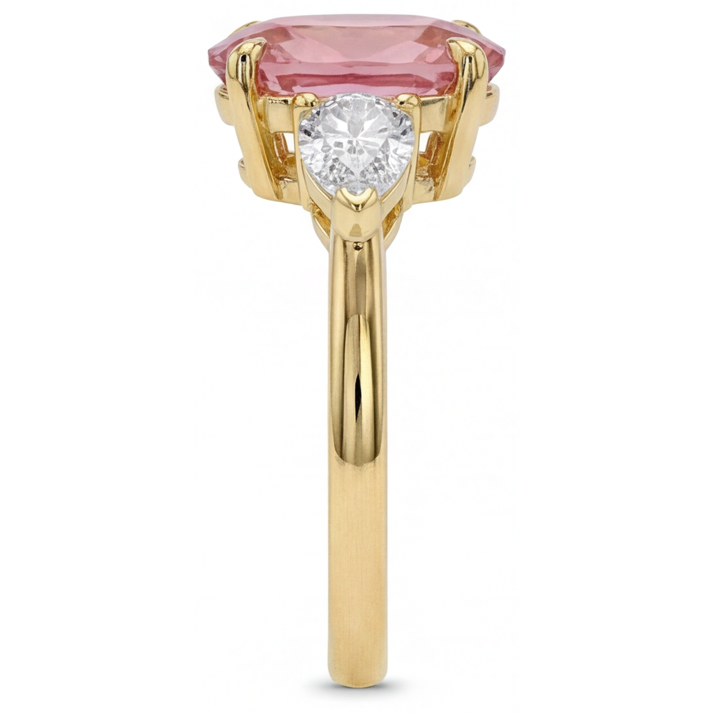 Dreistein-Ring mit echtem ovalem Padparadscha-Pfirsich-Saphir, 2,9 Karat, 14 Karat Gelbgold