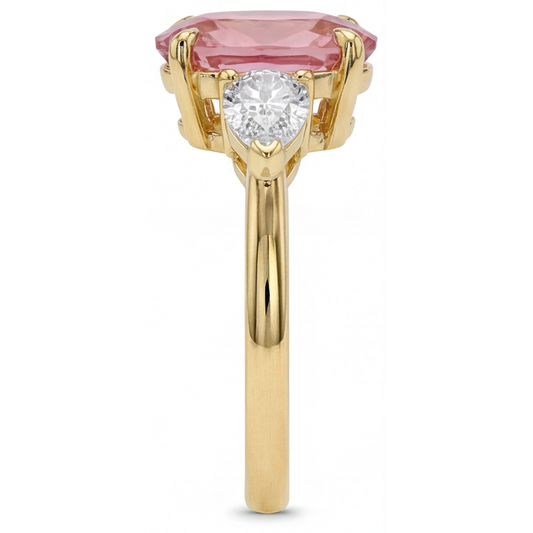 Dreistein-Ring mit echtem ovalem Padparadscha-Pfirsich-Saphir, 2,9 Karat, 14 Karat Gelbgold