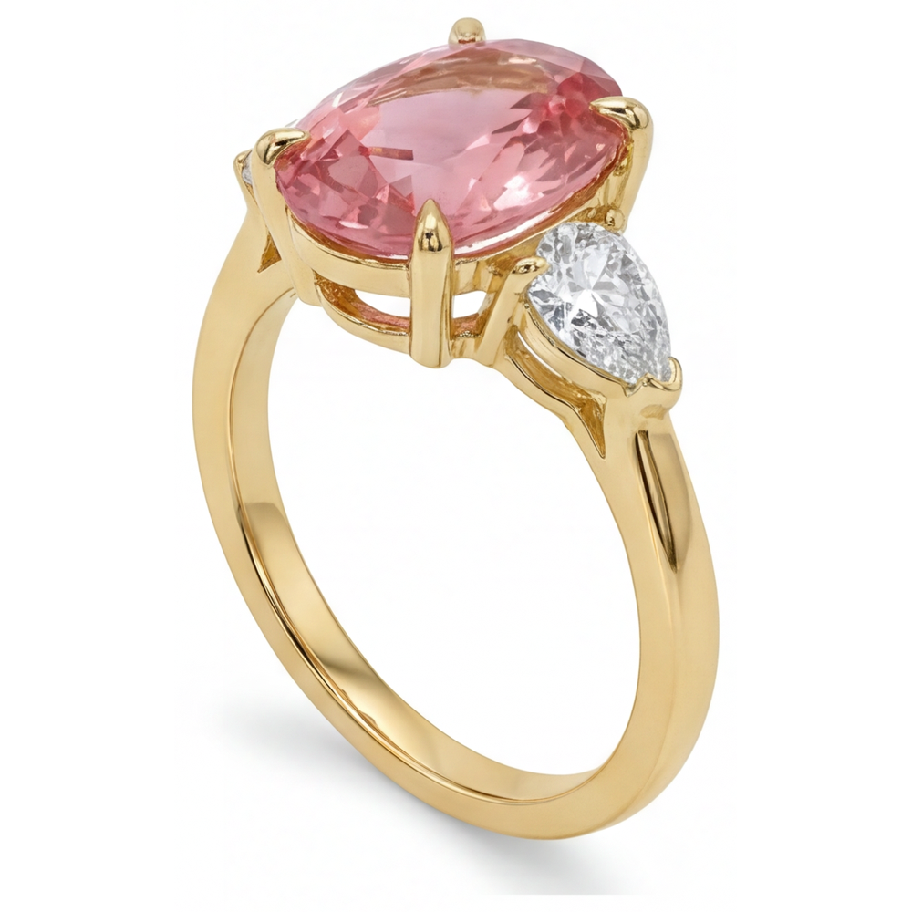 Dreistein-Ring mit echtem ovalem Padparadscha-Pfirsich-Saphir, 2,9 Karat, 14 Karat Gelbgold