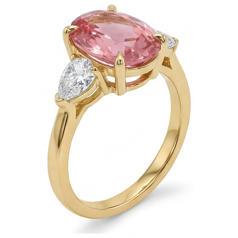 Dreistein-Ring mit echtem ovalem Padparadscha-Pfirsich-Saphir, 2,9 Karat, 14 Karat Gelbgold