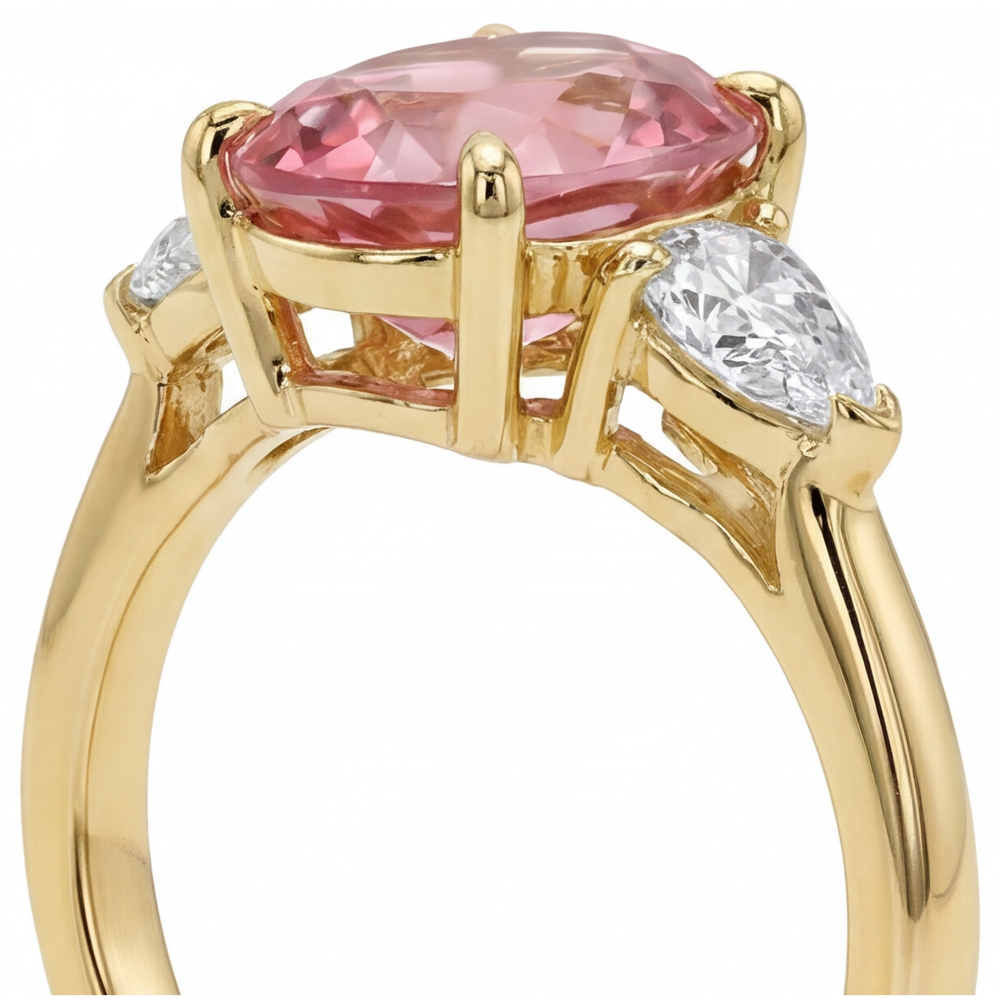 Dreistein-Ring mit echtem ovalem Padparadscha-Pfirsich-Saphir, 2,9 Karat, 14 Karat Gelbgold