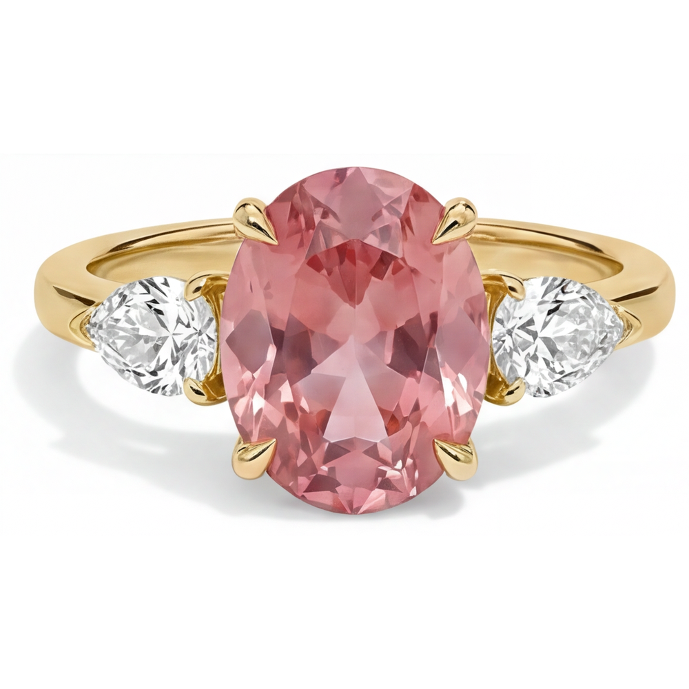 Dreistein-Ring mit echtem ovalem Padparadscha-Pfirsich-Saphir, 2,9 Karat, 14 Karat Gelbgold
