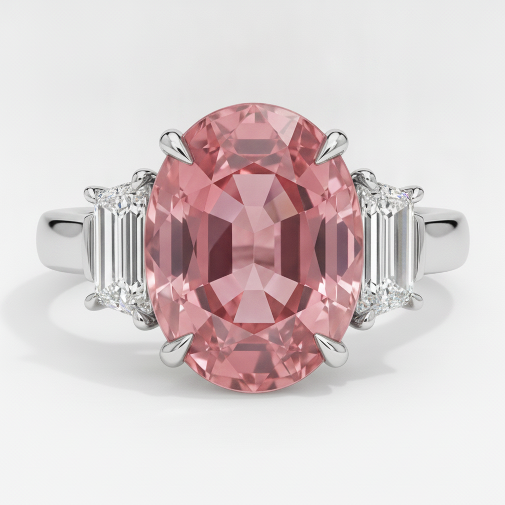 Padparadscha-Saphir-Dreistein-Ring aus Platin, 3,6 Karat, echtes Oval und weiße Trapeze
