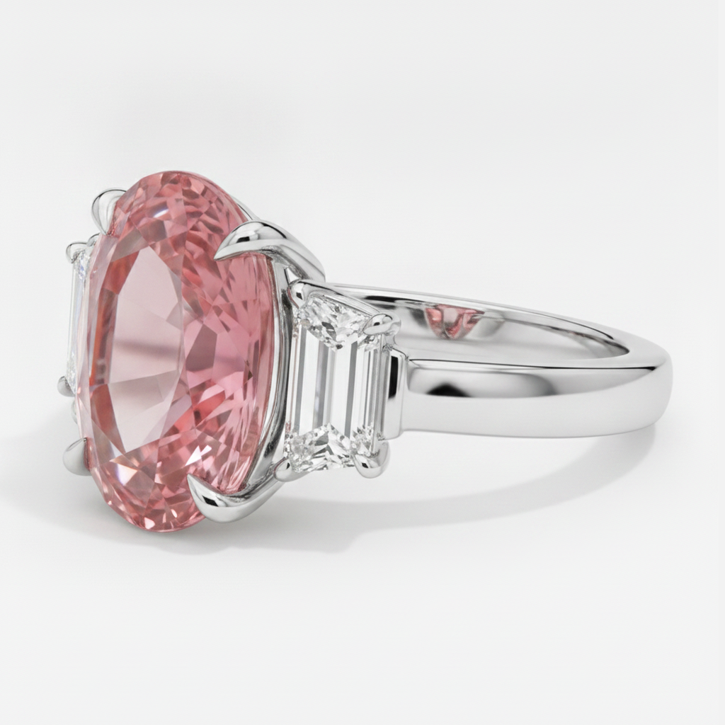 Padparadscha-Saphir-Dreistein-Ring aus Platin, 3,6 Karat, echtes Oval und weiße Trapeze