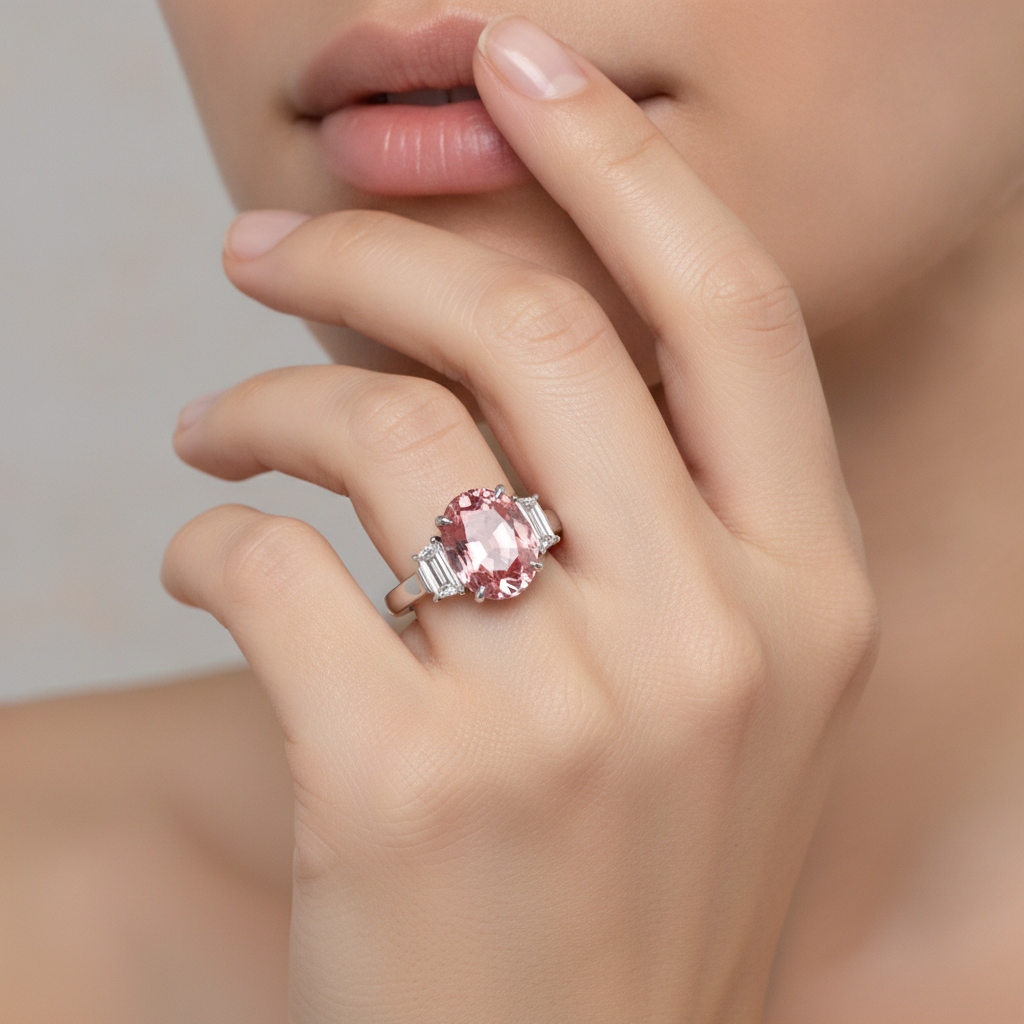 Padparadscha-Saphir-Ring 3,6 Karat Echter ovaler Stein und weiße Trapeze Dreistein-Ring Platin