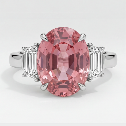 Padparadscha-Saphir-Ring 3,6 Karat Echter ovaler Stein und weiße Trapeze Dreistein-Ring Platin