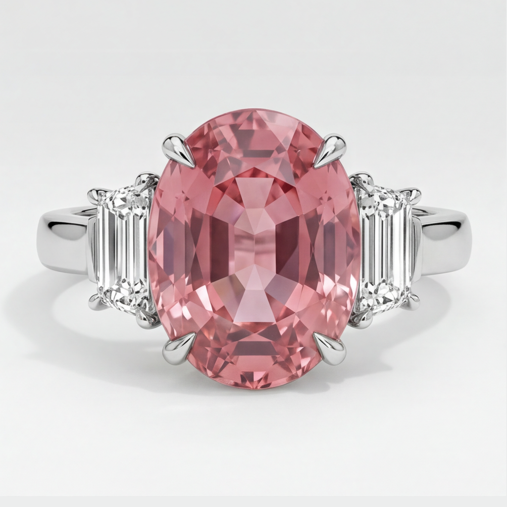 Padparadscha-Saphir-Dreistein-Ring aus Platin, 3,6 Karat, echtes Oval und weiße Trapeze