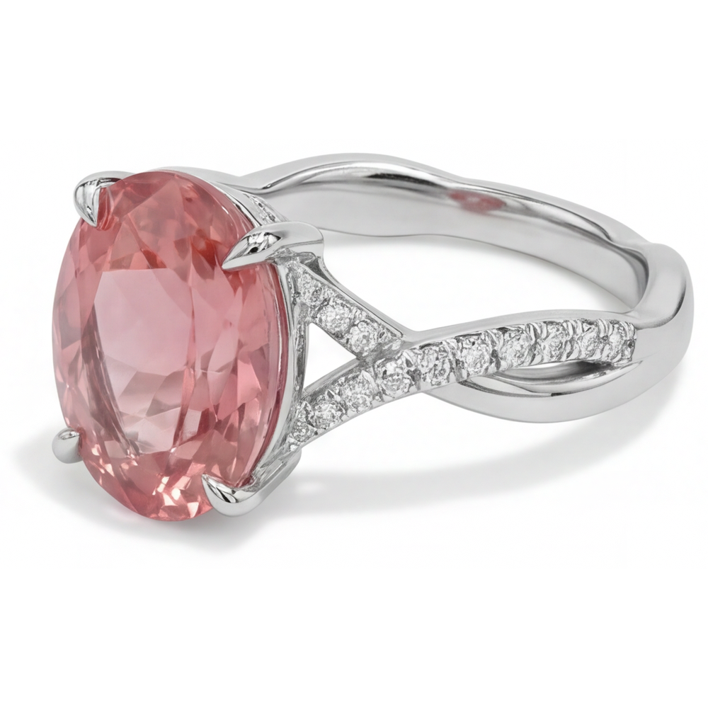 Bypass-Ring aus 14 Karat Weißgold mit pfirsichfarbenem, natürlichem ovalem Padparadscha-Saphir, 2,8 Karat