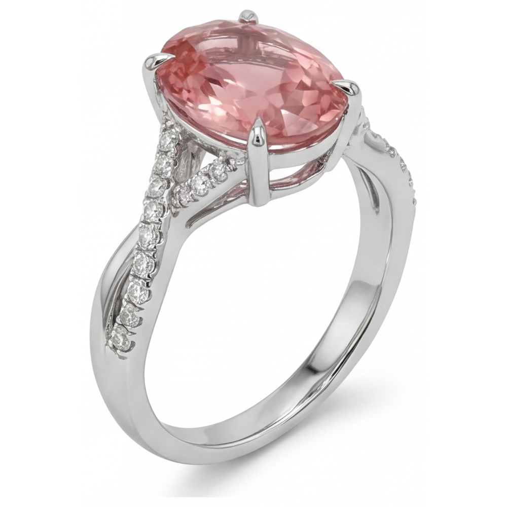 Bypass-Ring aus 14 Karat Weißgold mit pfirsichfarbenem, natürlichem ovalem Padparadscha-Saphir, 2,8 Karat