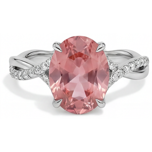 Bypass-Ring aus 14 Karat Weißgold mit pfirsichfarbenem, natürlichem ovalem Padparadscha-Saphir, 2,8 Karat