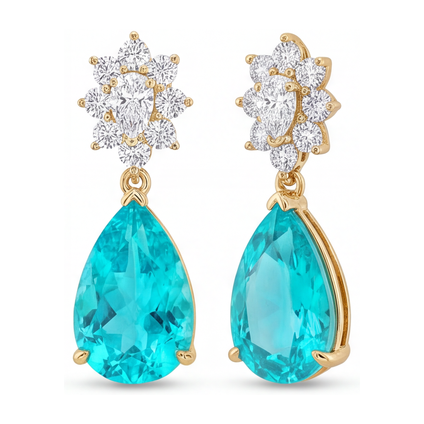 Paraiba-Turmalin Ohrringe 5 Karat im Labor gezüchtet Tropfen-Cluster Klappbrisur 14 Karat Gelbgold