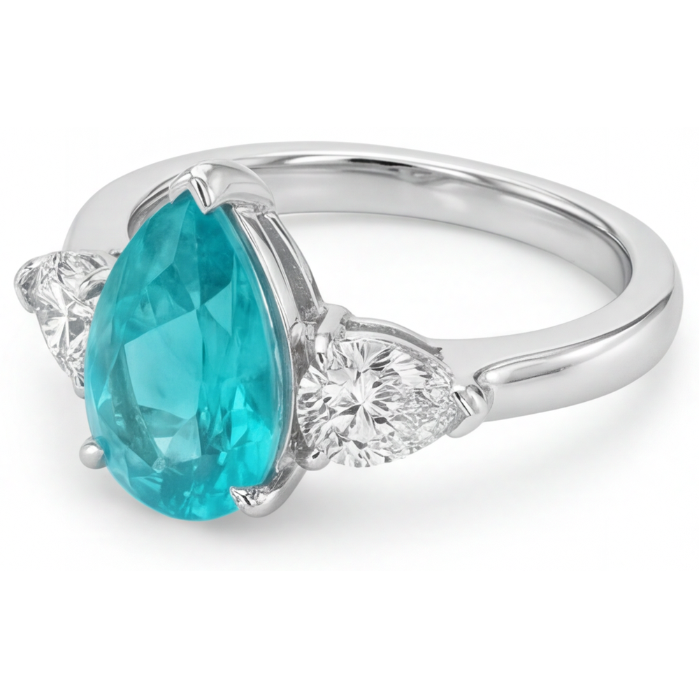 Paraiba-Turmalin Drei-Stein-Ring 2-Karat 14K Weißgold – Frontansicht