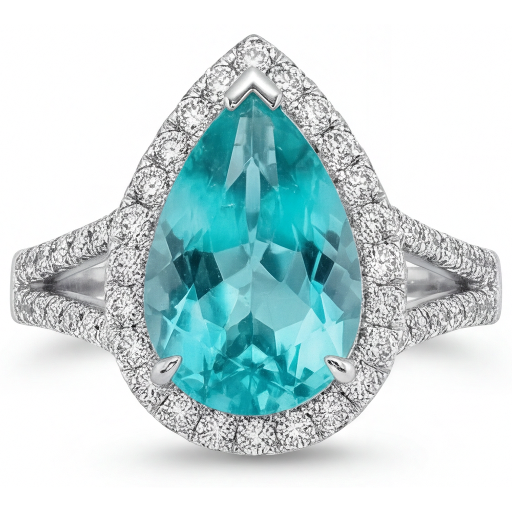 Paraiba-Turmalin Tropfen-Schliff Halo-Fassung Ring in 14 Karat Weißgold – Frontansicht