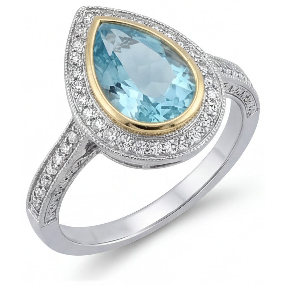 Erdgewonnener Paraiba-Turmalin Halo-Ring 1,75 Karat Bicolor 14K Gold – Seitenansicht