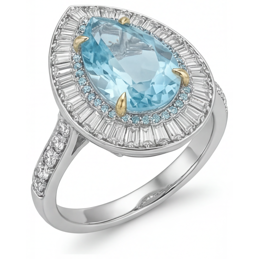 Glänzender Paraiba-Turmalin Halo-Ring 7 Karat – Schrägansicht