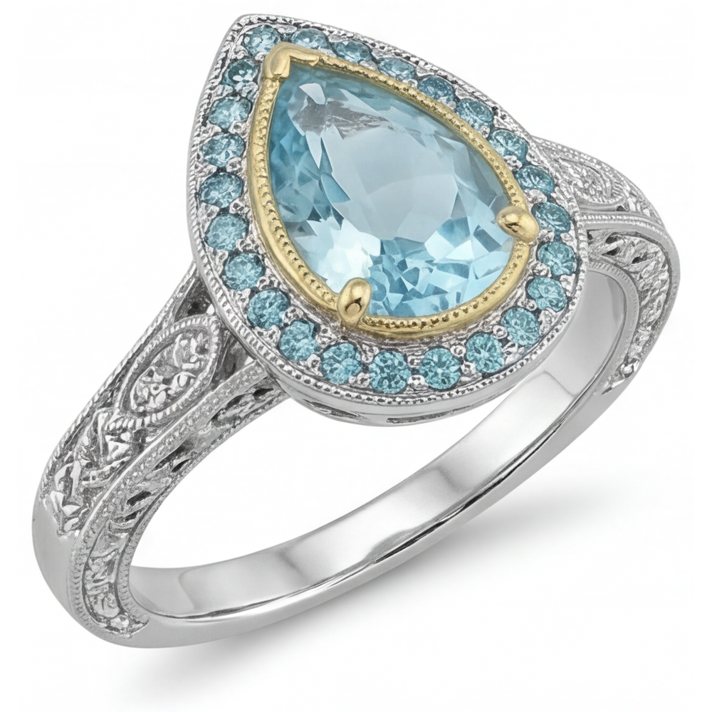 Paraiba-Turmalin Tropfen-Schliff Halo-Verlobungsring in Bicolor 14K Gold – Seitenansicht