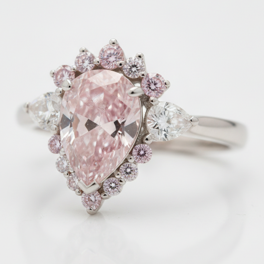 Fancy-Pink-Diamant Verlobungsring 2 Karat Natürlicher Tropfenschliff Halb-Halo Platin