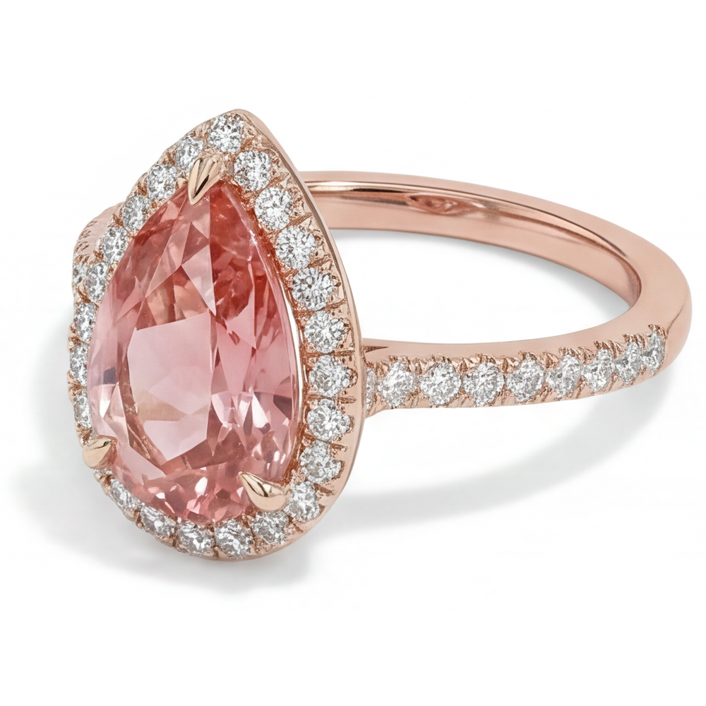 Pfirsich-Saphir-Ring 2,8 Karat Echter Padparadscha im Tropfenschliff Halo Pavé 14 Karat Roségold