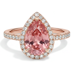 Pfirsich-Saphir Verlobungsring 2,8 Karat Echter Padparadscha im Tropfenschliff Halo Pavé 14 Karat Roségold