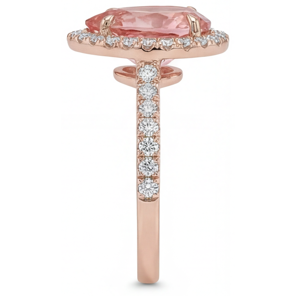 Halo-Pavé-Ring aus 14 Karat Roségold mit natürlichem Padparadscha-Pfirsichsaphir im Tropfenschliff, 2,8 Karat