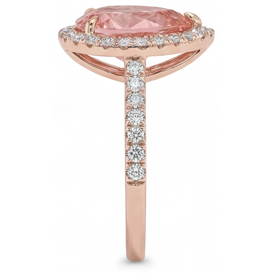 Verlobungsring mit Pfirsich-Saphir, 2,8 Karat, echter Padparadscha im Tropfenschliff, Halo, Pavé, 14 Karat Roségold