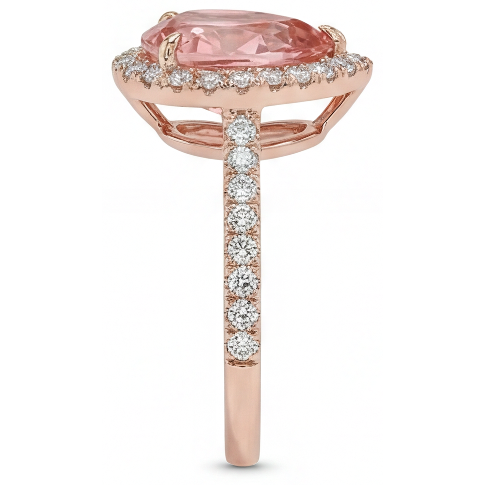 Pfirsich-Saphir-Ring 2,8 Karat Echter Padparadscha im Tropfenschliff Halo Pavé 14 Karat Roségold