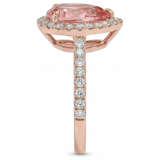 Pfirsich-Saphir-Ring 2,8 Karat Echter Padparadscha im Tropfenschliff Halo Pavé 14 Karat Roségold
