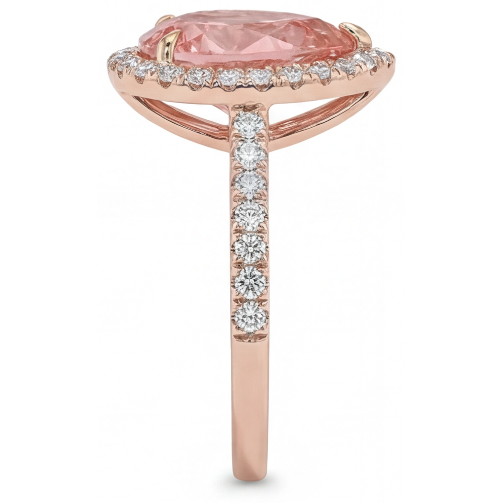Pfirsich-Saphir Verlobungsring 2,8 Karat Echter Padparadscha im Tropfenschliff Halo Pavé 14 Karat Roségold