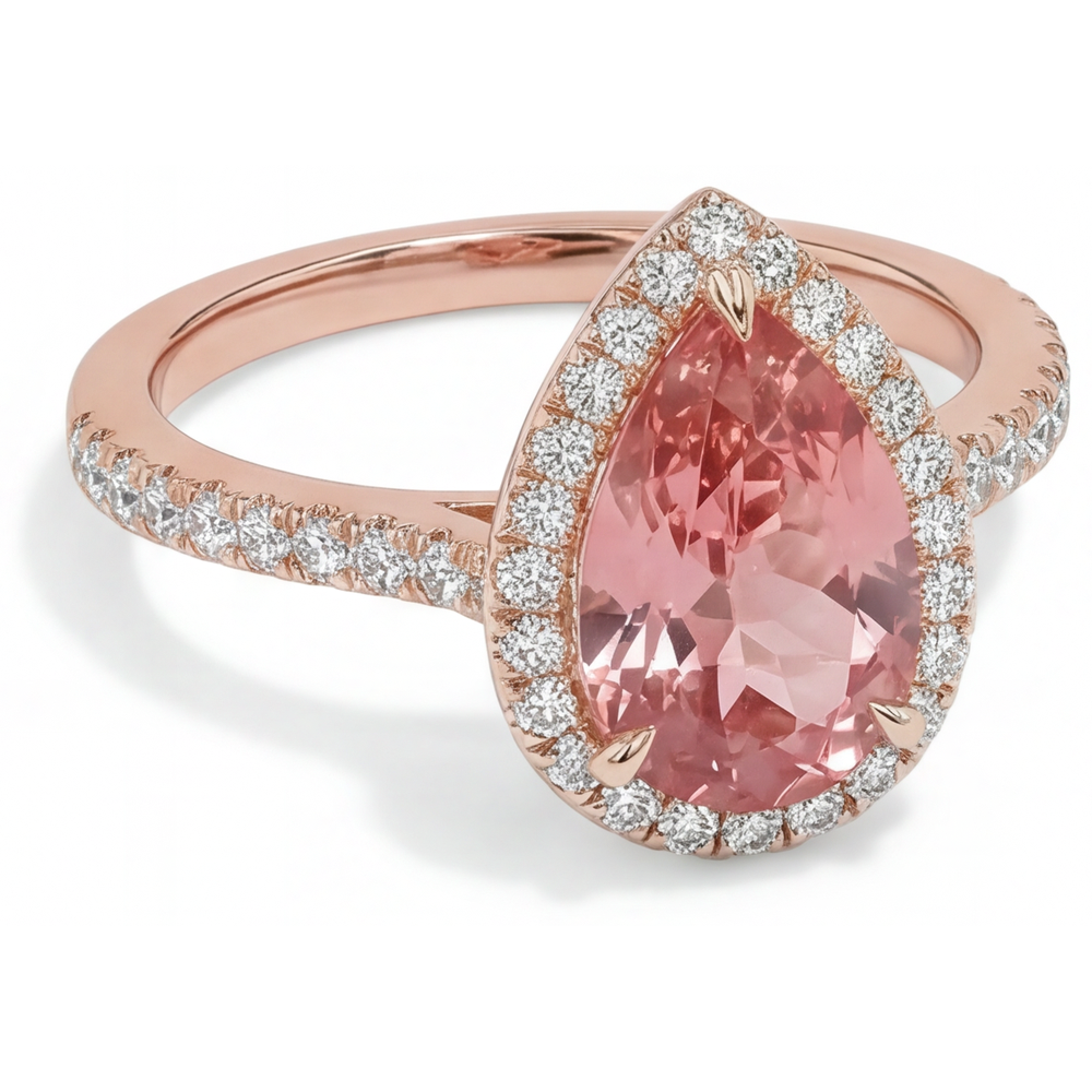 Halo-Pavé-Ring aus 14 Karat Roségold mit natürlichem pfirsichfarbenem Padparadscha-Saphir im Tropfenschliff (2,8 Karat)