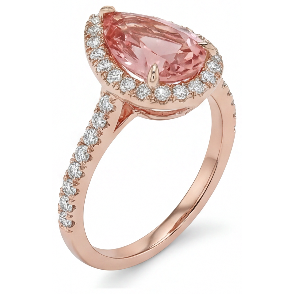 Pfirsich-Saphir-Ring 2,8 Karat Echter Padparadscha im Tropfenschliff Halo Pavé 14 Karat Roségold
