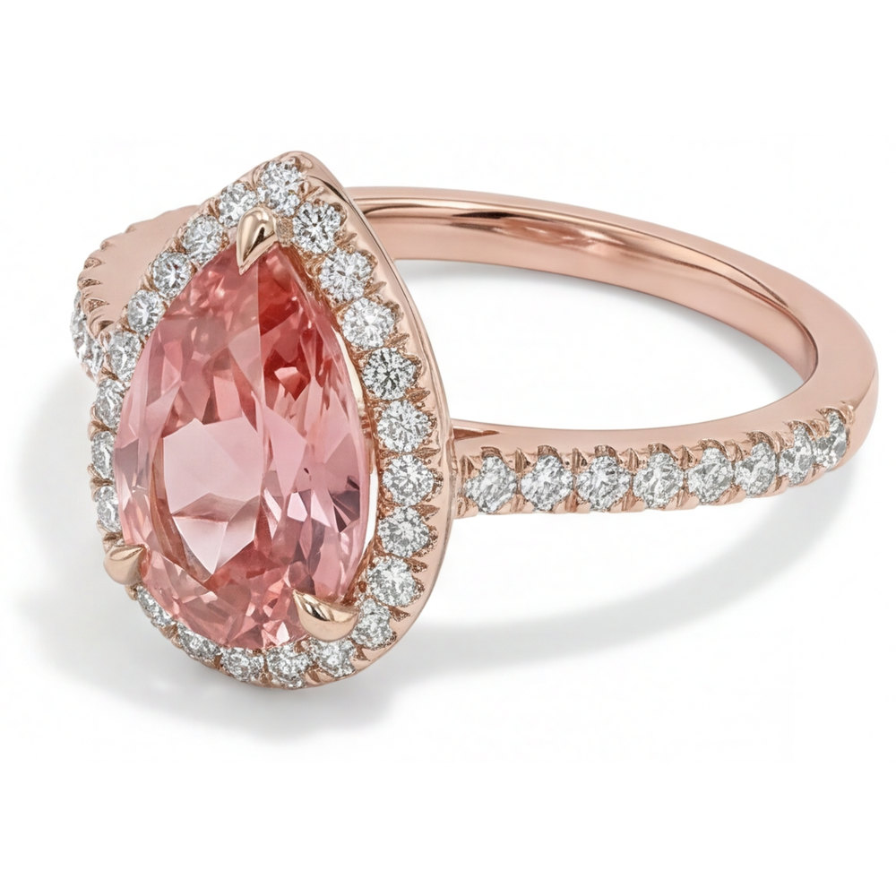 Pfirsich-Saphir Verlobungsring 2,8 Karat Echter Padparadscha im Tropfenschliff Halo Pavé 14 Karat Roségold