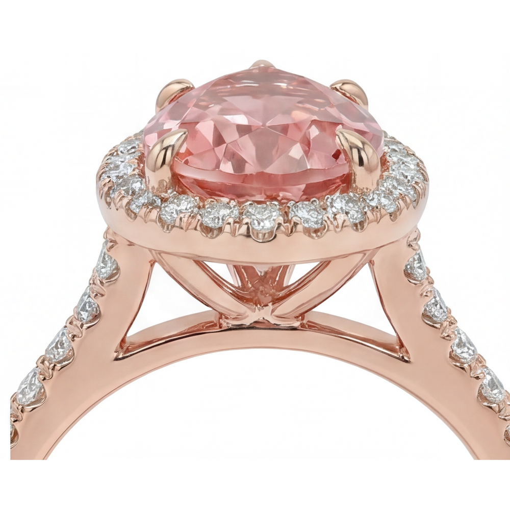 Pfirsich-Saphir-Ring 2,8 Karat Echter Padparadscha im Tropfenschliff Halo Pavé 14 Karat Roségold