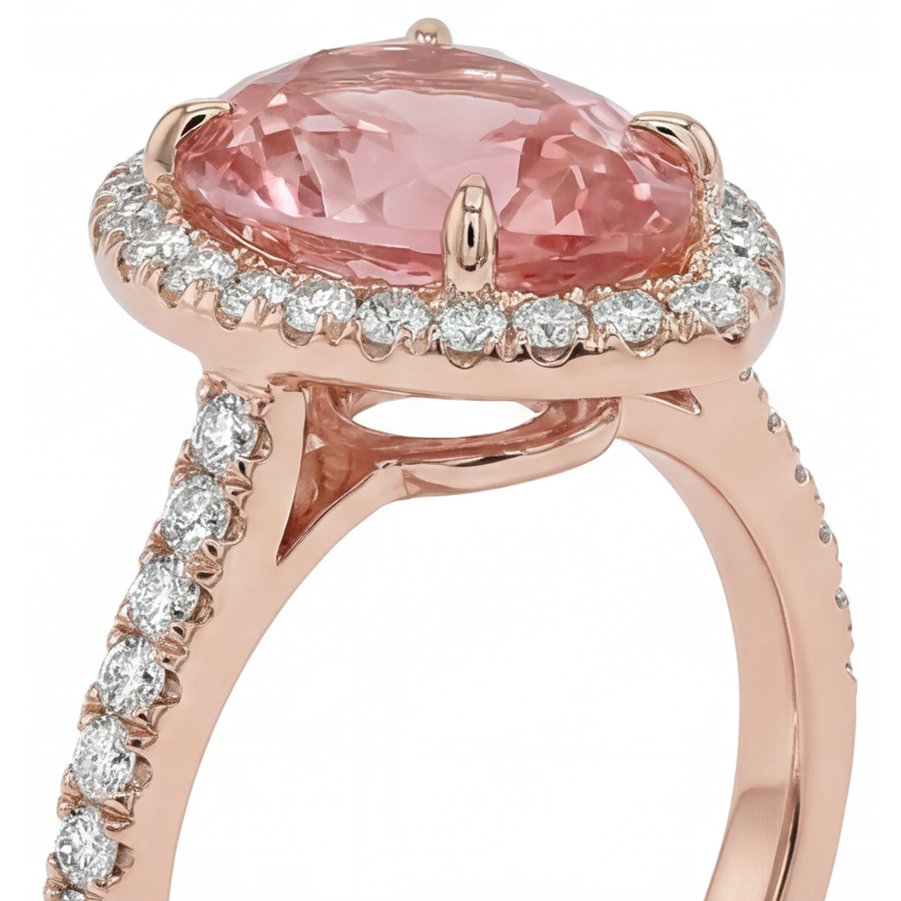 Halo-Pavé-Ring aus 14 Karat Roségold mit natürlichem Padparadscha-Pfirsichsaphir im Tropfenschliff, 2,8 Karat