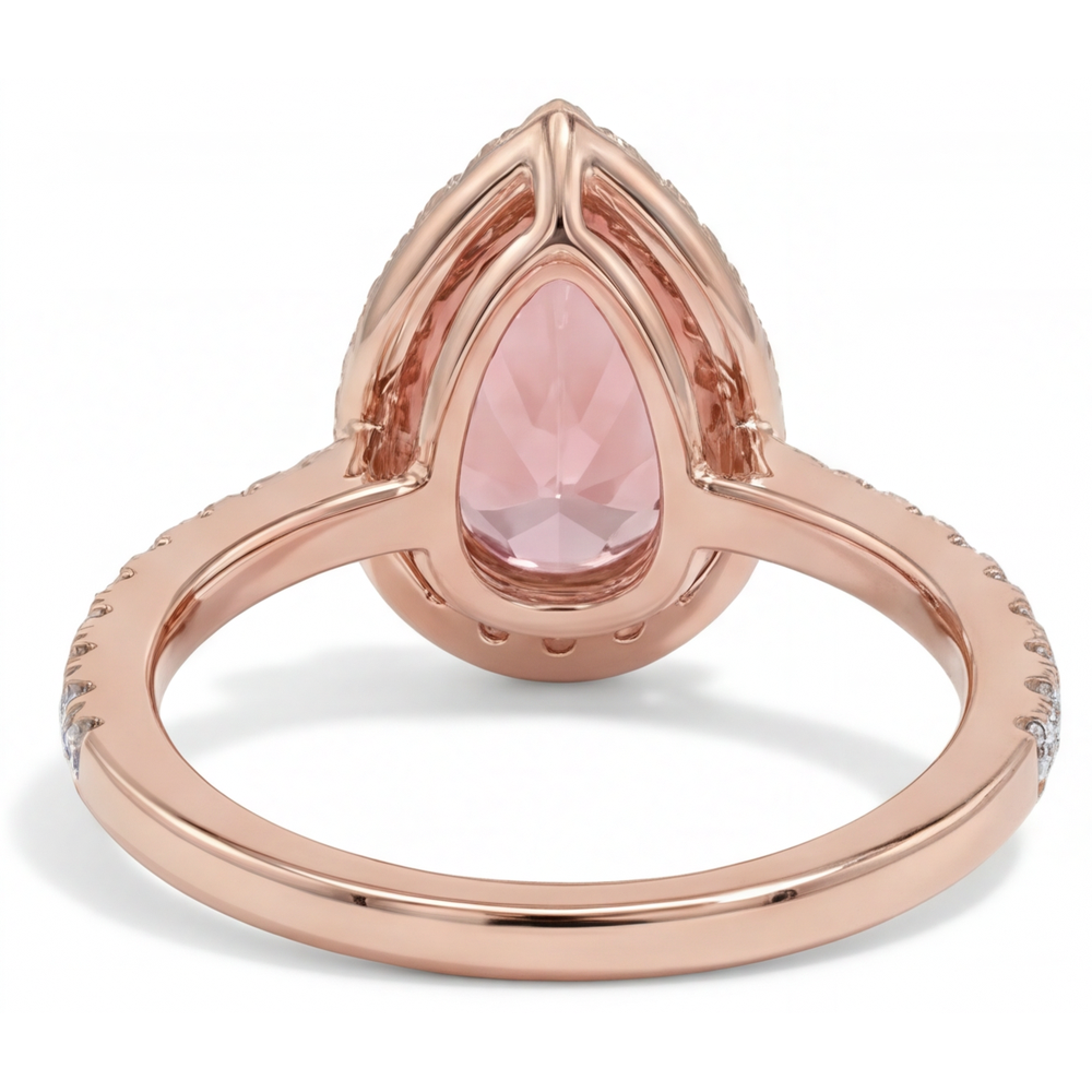 Pfirsich-Saphir Verlobungsring 2,8 Karat Echter Padparadscha im Tropfenschliff Halo Pavé 14 Karat Roségold