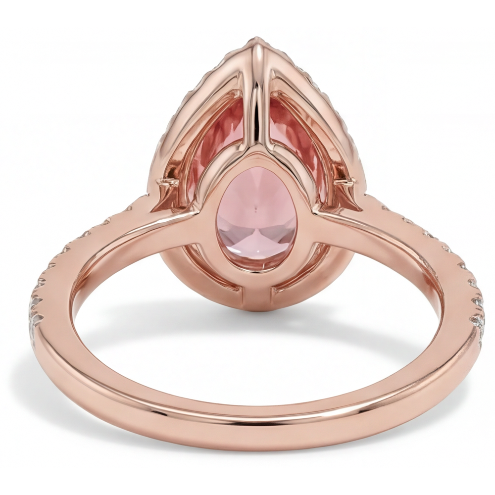 Halo-Pavé-Ring aus 14 Karat Roségold mit natürlichem Padparadscha-Pfirsichsaphir im Tropfenschliff, 2,8 Karat