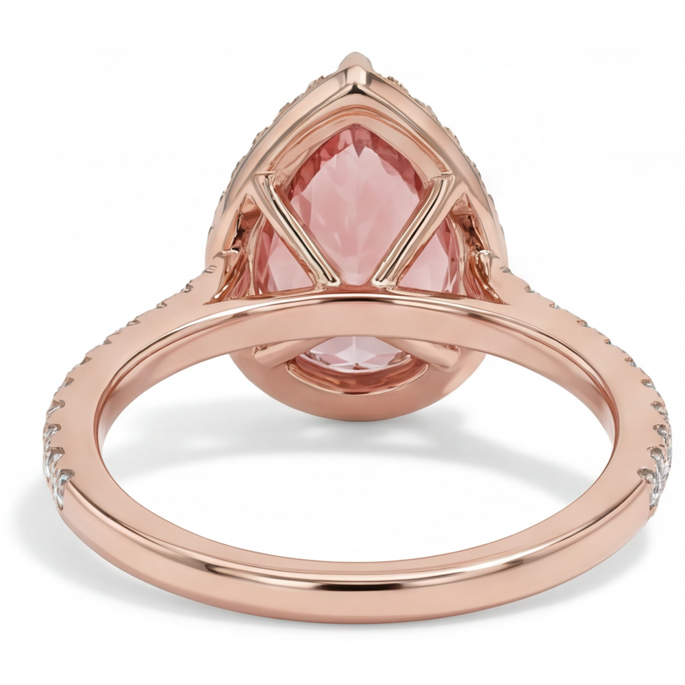 Pfirsich-Saphir-Ring 2,8 Karat Echter Padparadscha im Tropfenschliff Halo Pavé 14 Karat Roségold