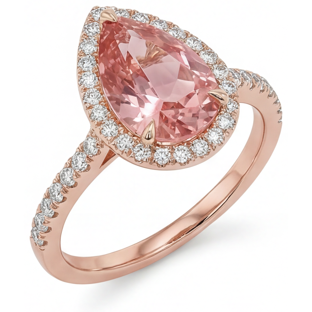 Pfirsich-Saphir Verlobungsring 2,8 Karat Echter Padparadscha im Tropfenschliff Halo Pavé 14 Karat Roségold