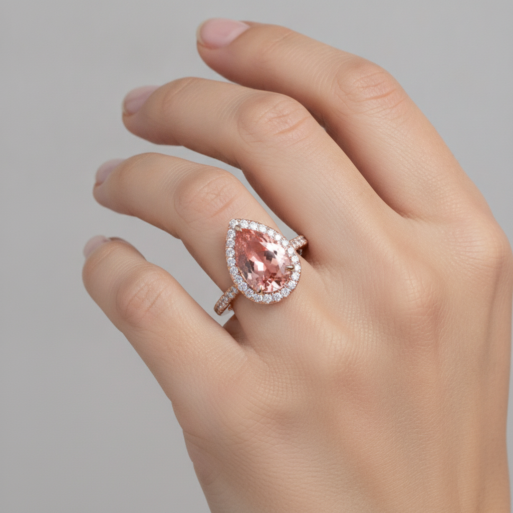 Pfirsich-Saphir-Ring 2,8 Karat Echter Padparadscha im Tropfenschliff Halo Pavé 14 Karat Roségold
